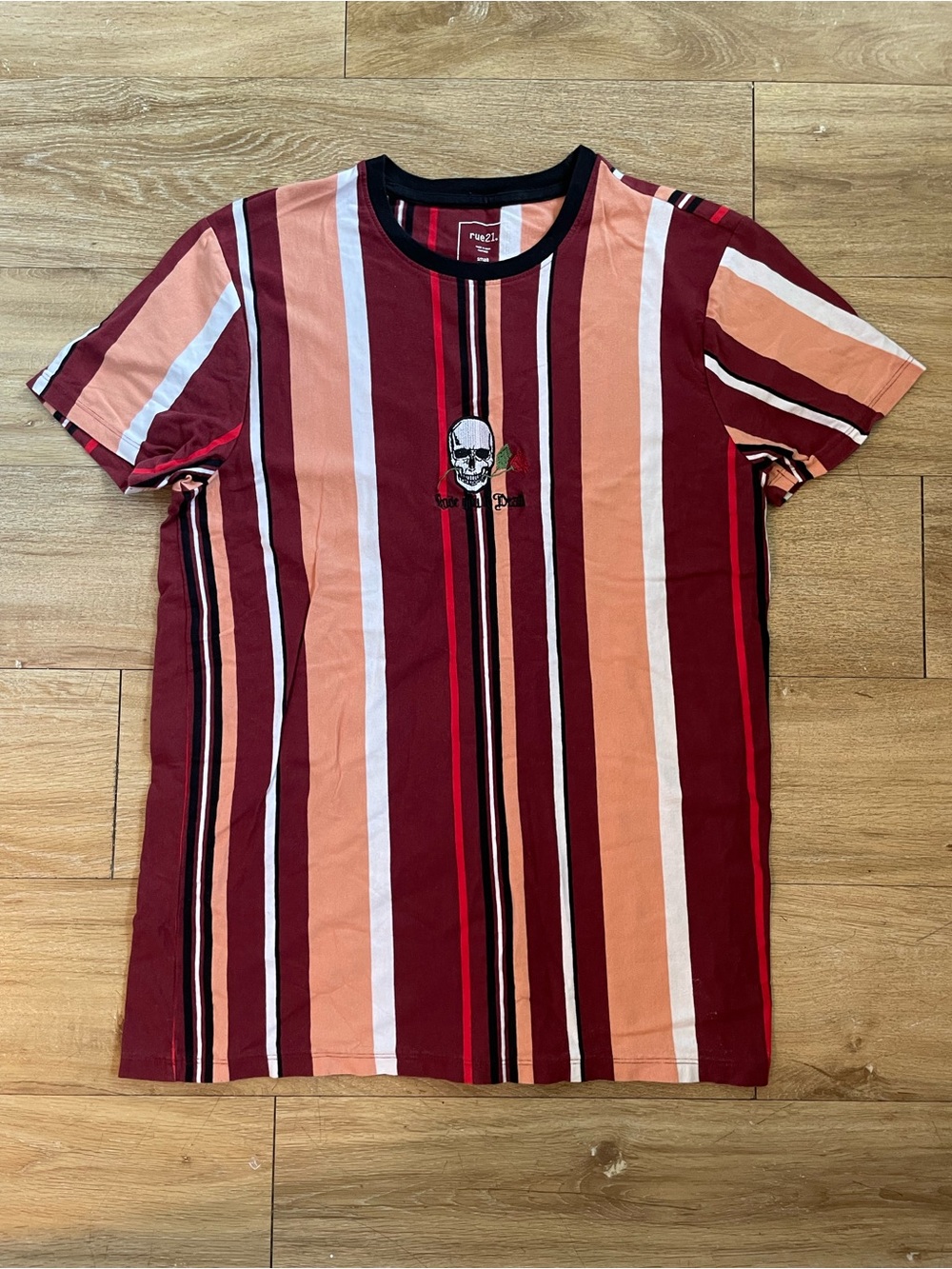 Rue21 Multi-Stripe Skull Short Sleeve Tee - Red & Peach